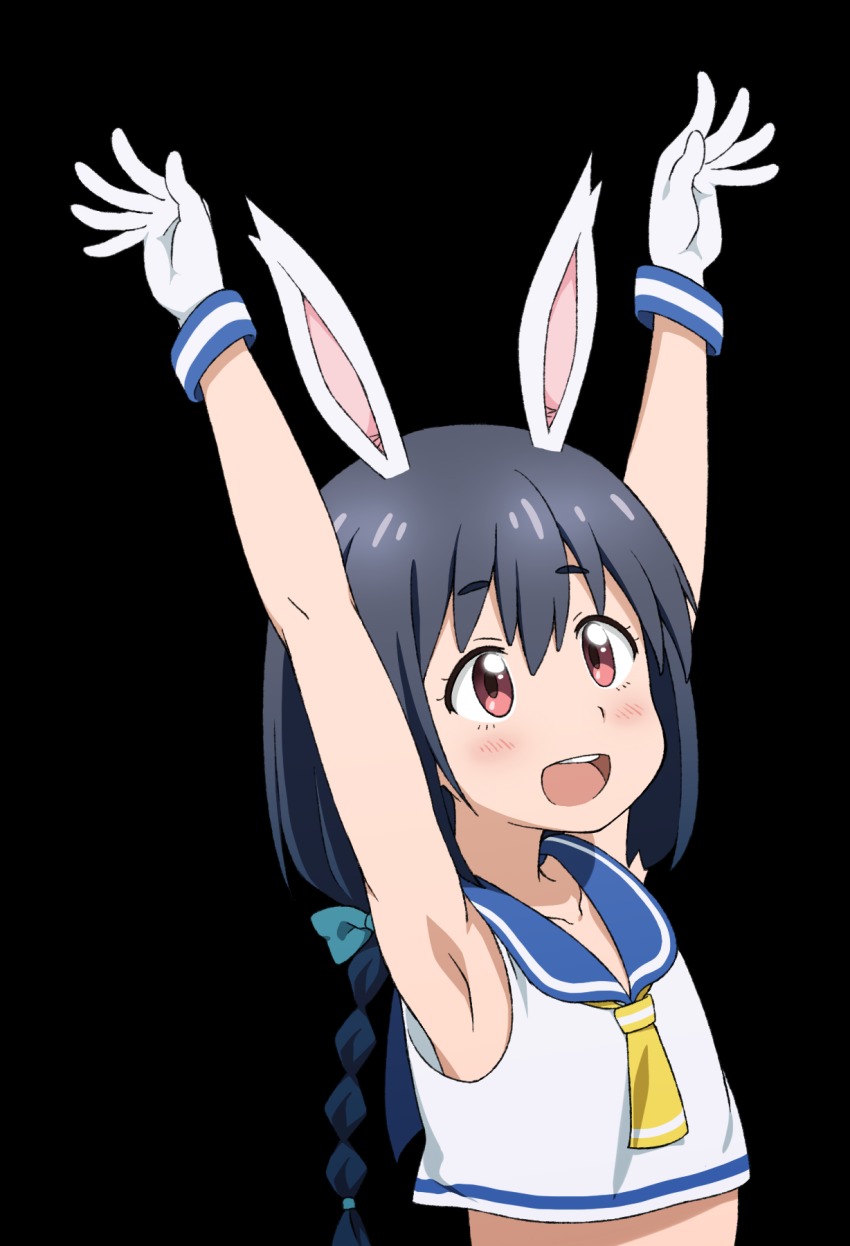 10s, 1girl, :d, animal_ears, armpits, black_hair, crop_top, female_focus, highres, kono_bijutsubu_niwa_mondai_ga_aru!, midiman, midriff, moeka_(kono_bijutsubu_niwa_mondai_ga_aru!), open_mouth, rabbit_ears, red_eyes, sailor_collar, simple_background, sleeveless, smile, solo, transparent_background, white_background, white_legwear
