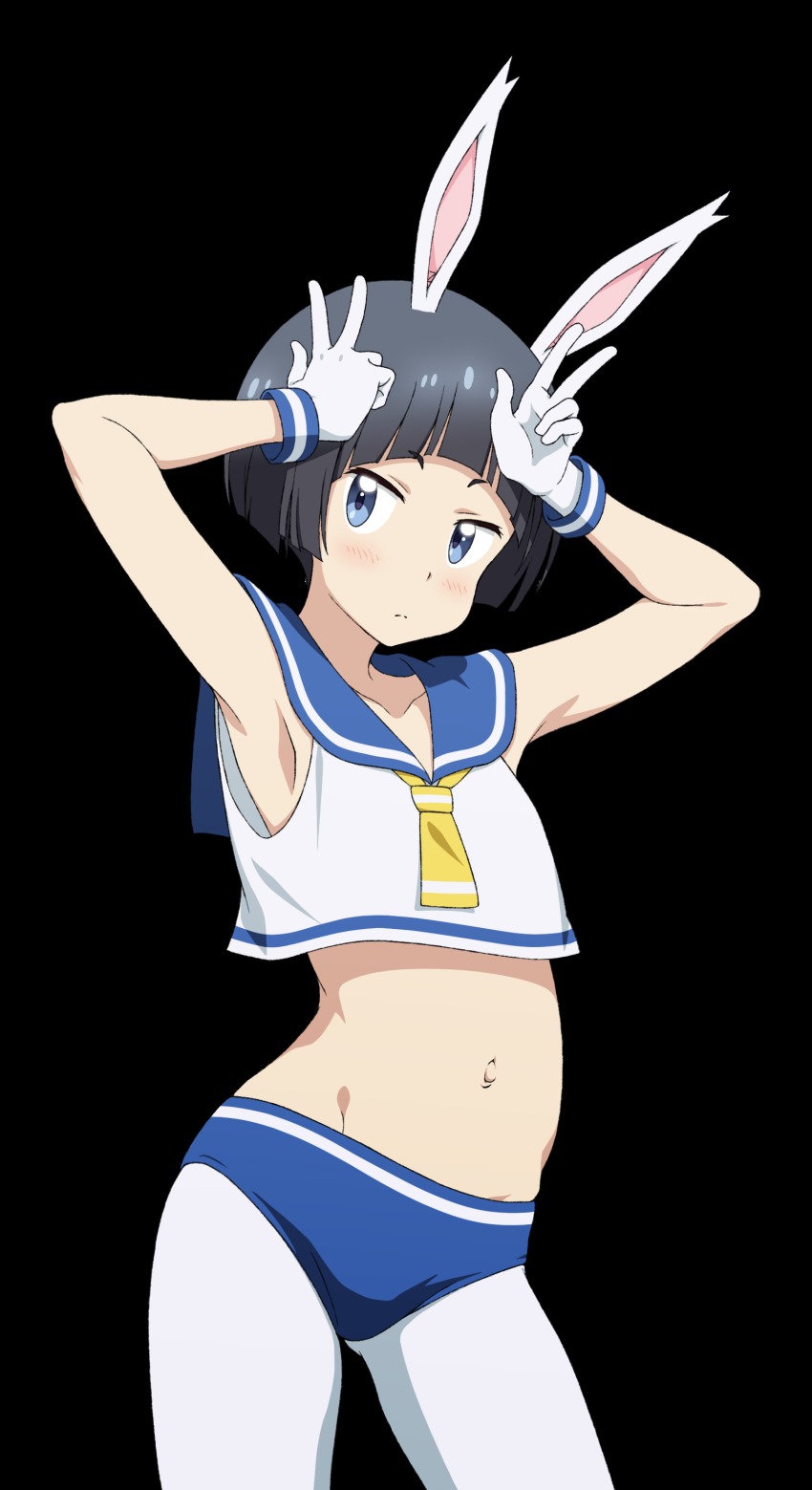 10s, 1girl, absurdres, animal_ears, armpits, blunt_bangs, blush, bunny_ears_gesture