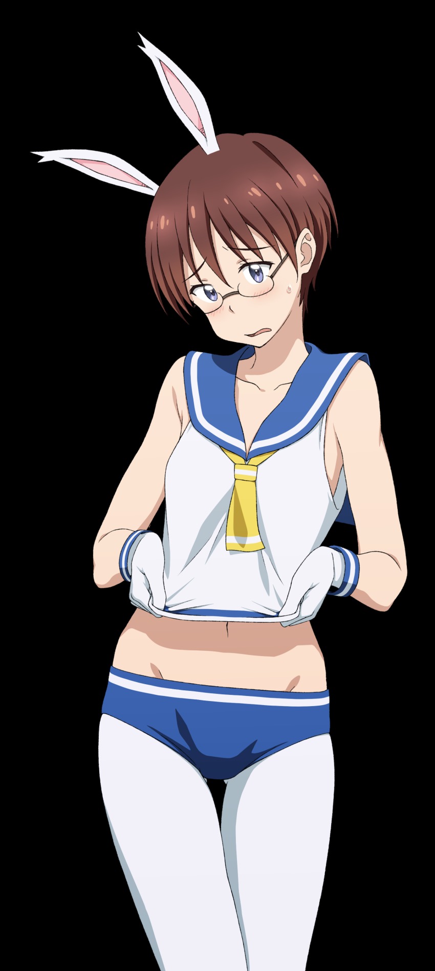 10s, 1girl, absurdres, animal_ears, brown_hair, crop_top, female_focus, glasses, highres, kono_bijutsubu_niwa_mondai_ga_aru!, kunikawa_ryouko, midiman, midriff, navel, pantyhose, rabbit_ears, sailor_collar, short_hair, sleeveless, smile, solo, thigh_gap, transparent_background, white_background, white_pantyhose