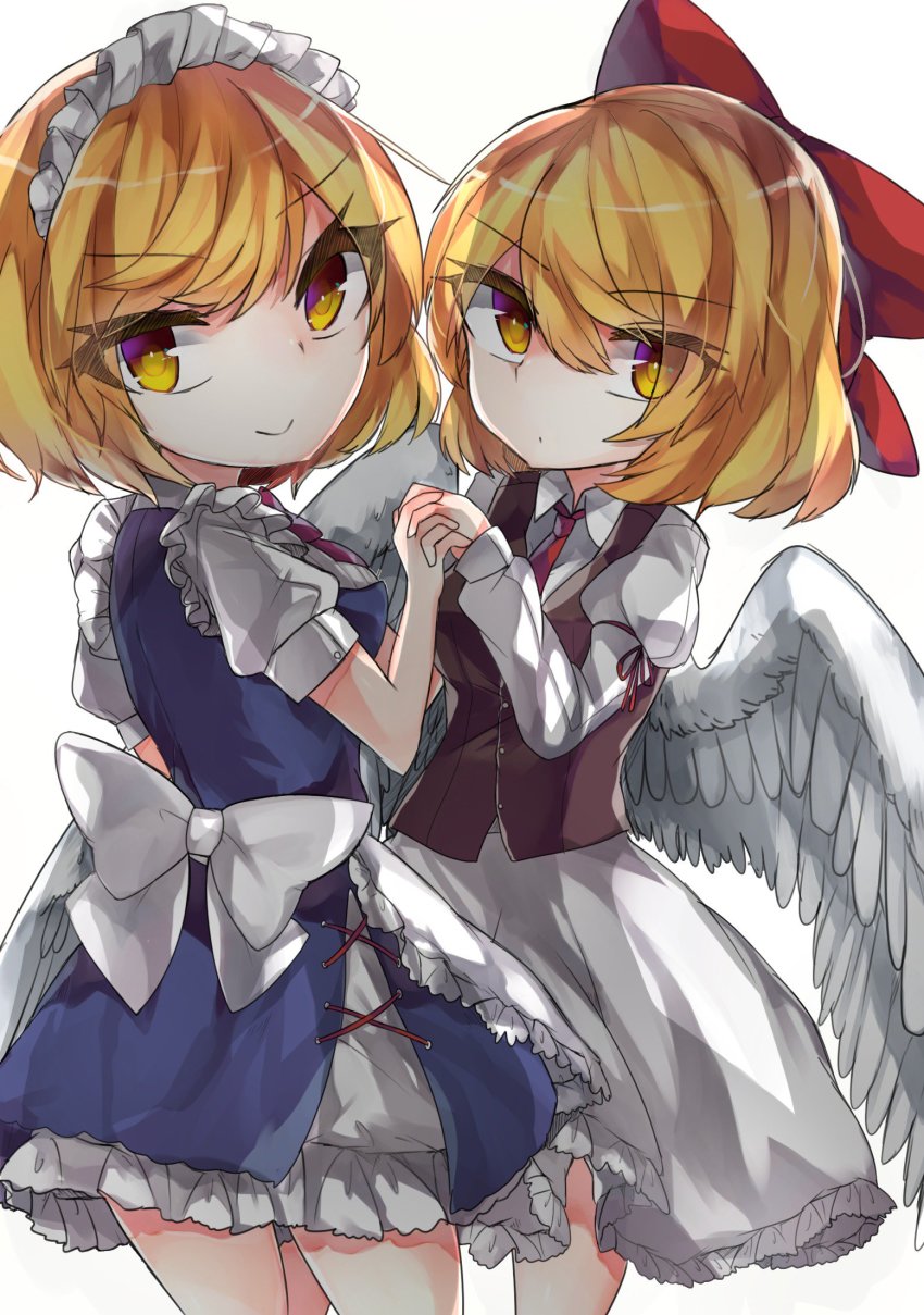 2girls, angel_wings, apron, bad_proportions, big_head, bird_wings, blonde_hair, bow