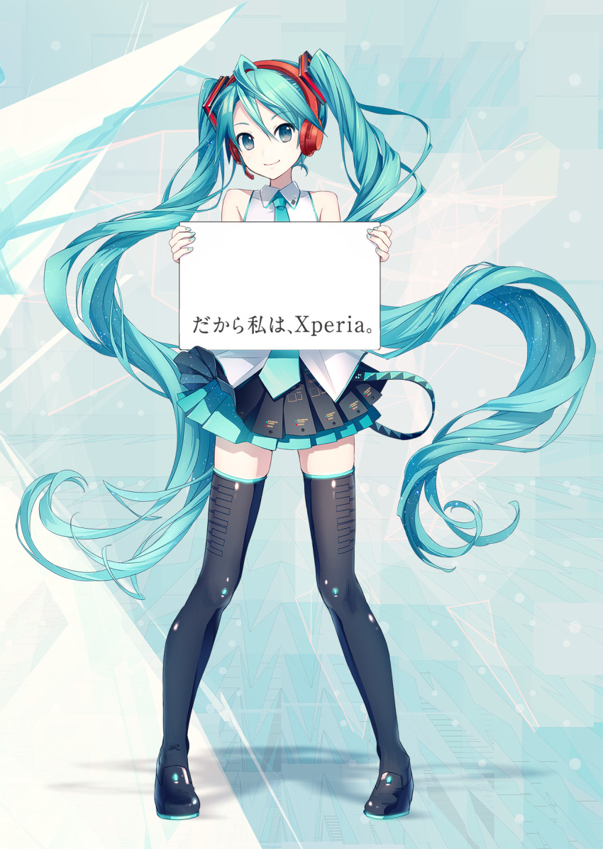 1girl, aqua_eyes, aqua_hair, boots, female_focus, full_body, hatsune_miku, hatsune_miku_(vocaloid3), headphones, highres, holding, holding_sign, ixima, long_hair, nail_polish, necktie, official_art, sign, skirt, smile, solo, sony, standing, text_focus, thigh_boots, thighhighs, twintails, very_long_hair, vocaloid, xperia, zettai_ryouiki