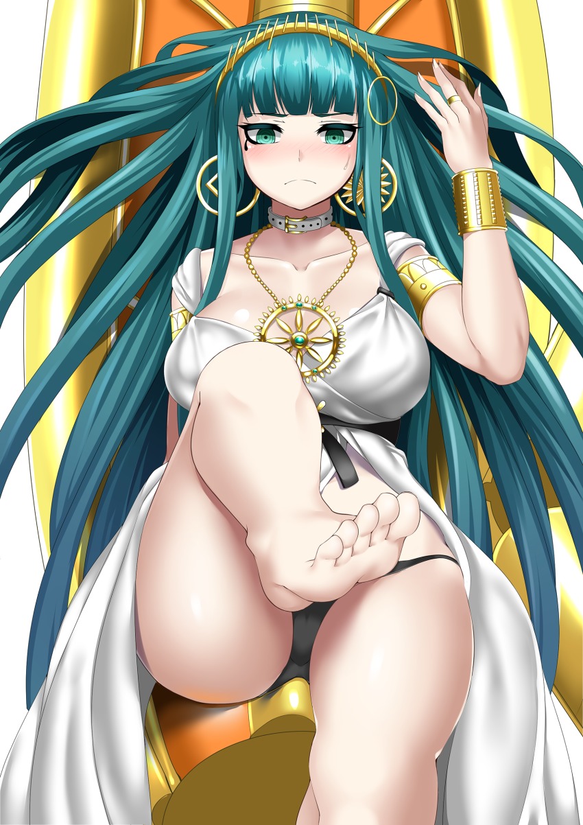 1girl, aqua_hair, armlet, bare_legs, barefoot, black_panties, blunt_bangs, blush, bracelet, breasts, choker, cleopatra_(fate), cleopatra_(third_ascension)_(fate), closed_mouth, collarbone, dress, earrings, fate/grand_order, fate_(series), feet, female_focus, foreshortening, frown, green_eyes, hairband, highres, hitotsuki_nebura, jewelry, large_breasts, leg_up, long_hair, looking_at_viewer, necklace, panties, ringed_eyes, sidelocks, solo, sweat, toes, underwear, very_long_hair, white_dress