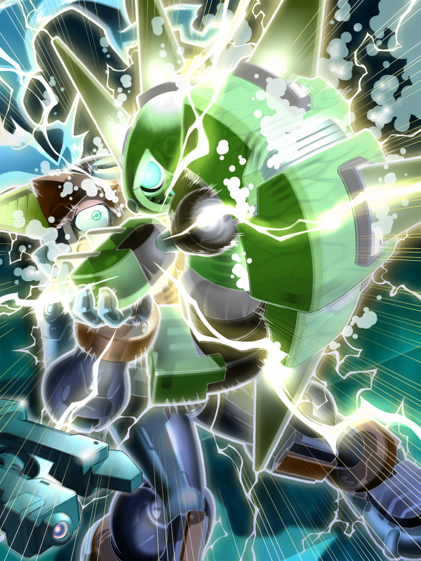 2girls, ashe_(mega_man), blue_eyes, blue_hair, capcom, electricity, glowing, glowing_eyes, hedgeshock_(mega_man), mega_man_(series), mega_man_zx, mega_man_zx_advent, multiple_girls, napo, robot