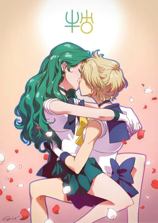 2girls, aqua_hair, aqua_skirt, bad_id, bad_pixiv_id, bishoujo_senshi_sailor_moon, blonde_hair, blue_bow, blue_sailor_collar, bow, closed_eyes, couple, earrings, gloves, gradient_background, hug, jewelry, jpeg_artifacts, kaiou_michiru, kiss, long_hair, multiple_girls, mutual_hug, neptune_symbol, petals, pink_background, rose_petals, sailor_collar, sailor_neptune, sailor_uranus, short_hair, signature, sitting, sitting_on_lap, sitting_on_person, skirt, sleeveless, ten'ou_haruka, uehara_xun, uranus_symbol, very_short_hair, wavy_hair, white_gloves, yuri
