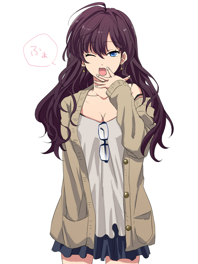 10s, 1girl, ahoge, blue_eyes, breasts, brown_hair, cleavage, earrings