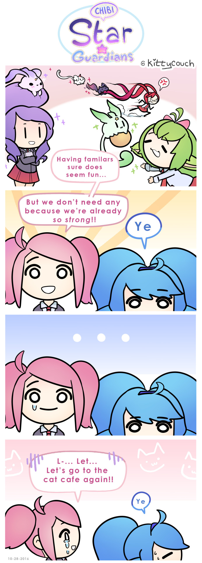 5girls, angry, blue_hair, comic, dated, english_text, female_focus, gradient_background