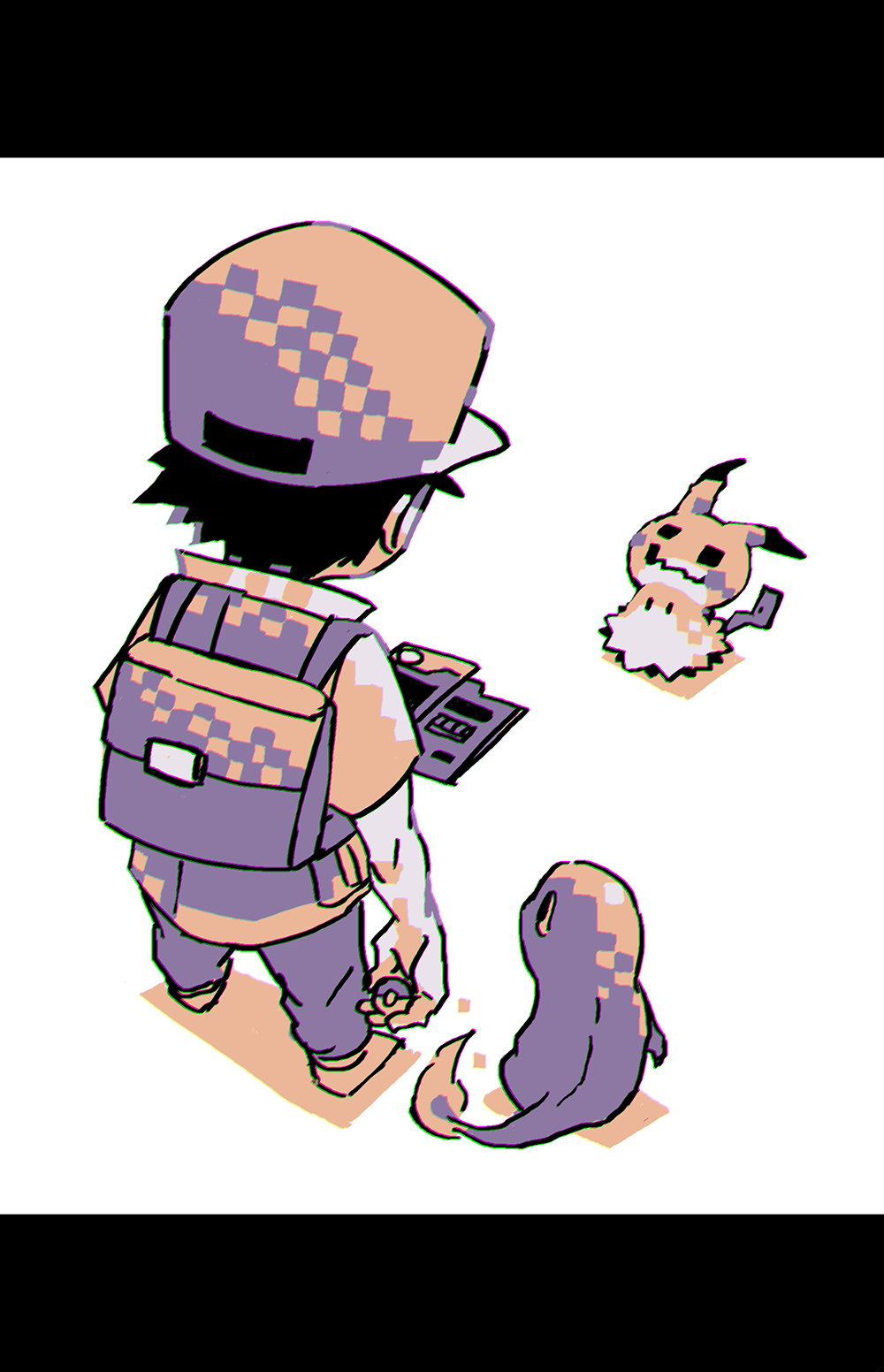 1boy, backpack, bag, black_hair, charmander, chromatic_aberration, fire, flame-tipped_tail, gen_1_pokemon, gen_7_pokemon, hat, highres, holding_pokedex, hscatter, letterboxed, male_focus, mimikyu, nintendo, poke_ball, poke_ball_(basic), pokedex, pokemon, pokemon_(creature), pokemon_red/green/blue/yellow, pokemon_sun_and_moon, red_(pokemon), red_(pokemon_sm), standing, tail, wavy_mouth