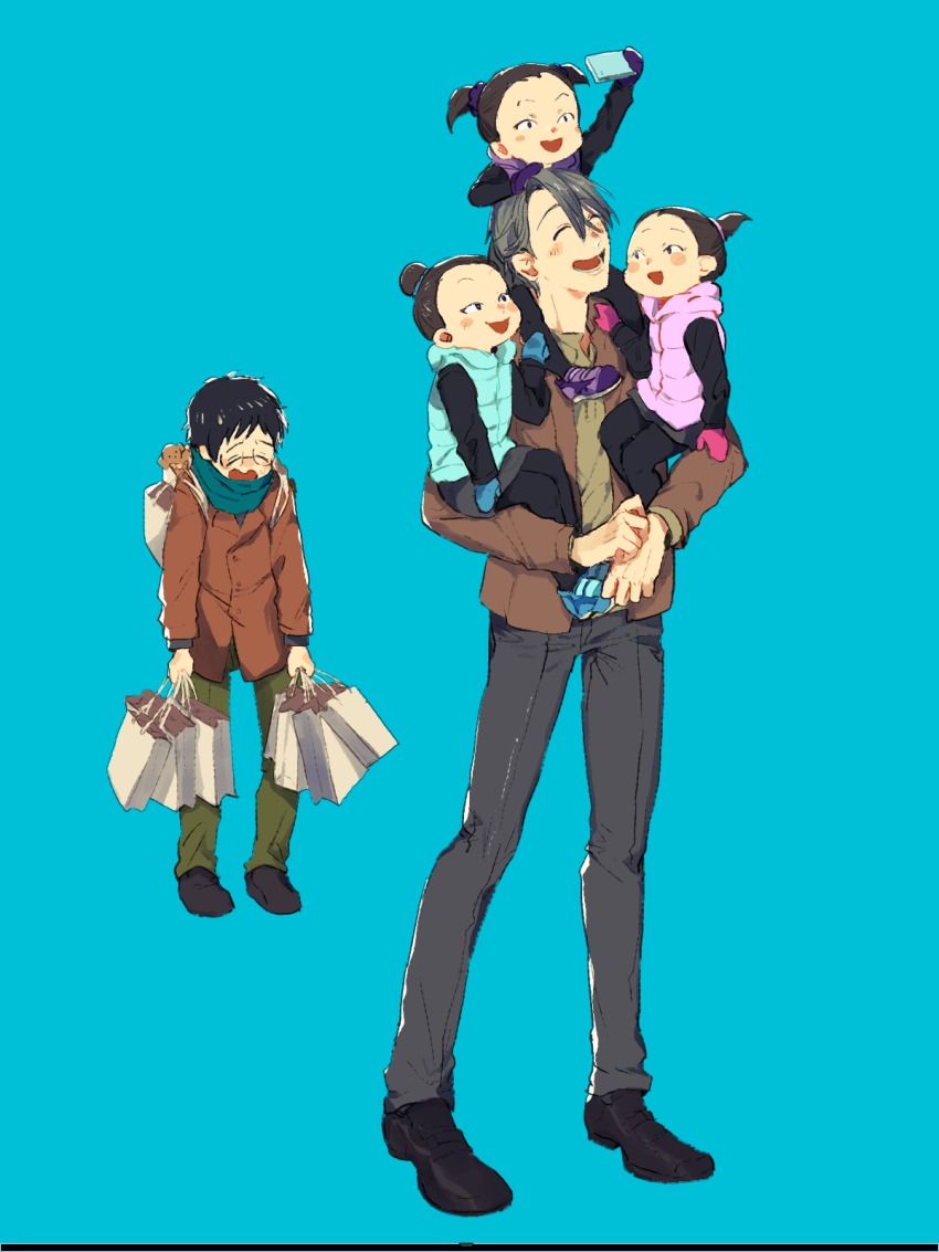 10s, 2boys, 3girls, bad_id, bad_pixiv_id, bag, blue_background, blue_gloves