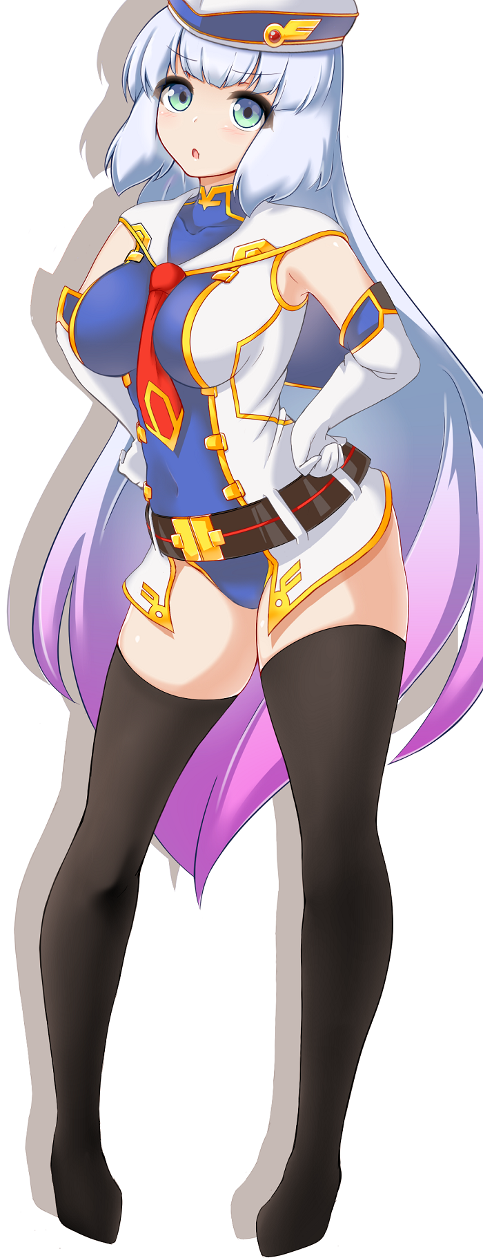 1girl, bad_id, bad_pixiv_id, belt, black_thighhighs, blush, covered_navel, elbow_gloves