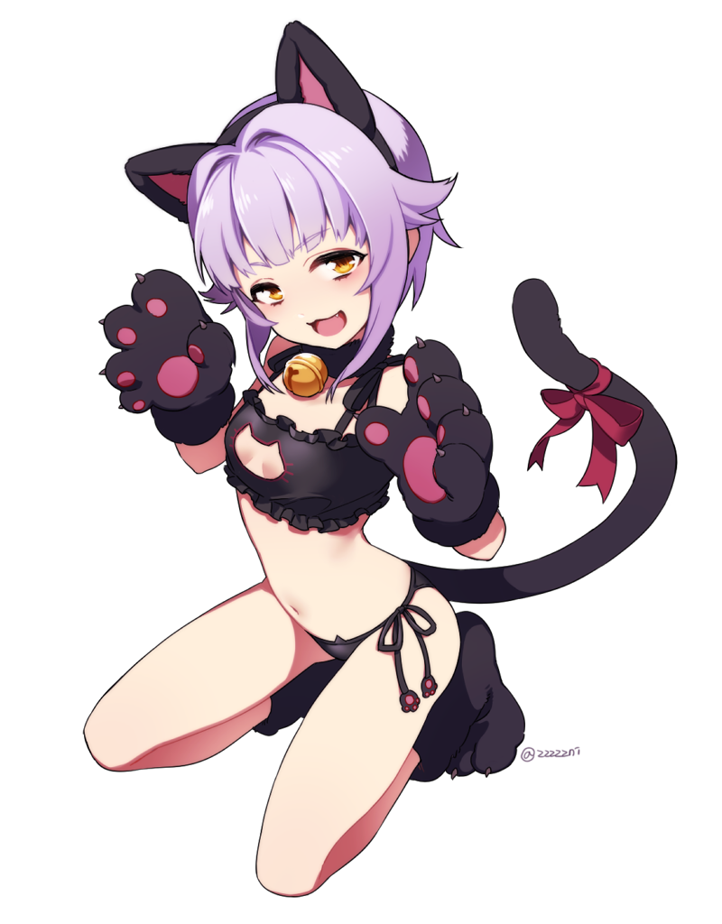 >;3, 10s, 1girl, animal_ears, animal_hands, bell, black_bra, black_panties, bra, brown_eyes, cat_cutout, cat_ear_panties, cat_ears, cat_lingerie, cat_tail, cleavage_cutout, clothing_cutout, collar, fake_animal_ears, fang, female_focus, frilled_bra, frills, fur_collar, gloves, hair_flaps, hair_intakes, hairband, head_tilt, idolmaster, idolmaster_cinderella_girls, jingle_bell, kneeling, koshimizu_sachiko, looking_at_viewer, navel, neck_bell, open_mouth, panties, paw_gloves, paw_shoes, purple_hair, ribbon, shoes, short_hair, side-tie_panties, solo, stomach, tail, tail_ornament, tail_ribbon, twitter_username, underwear, underwear_only, v-shaped_eyebrows, white_background, zn_(zzzzzni)