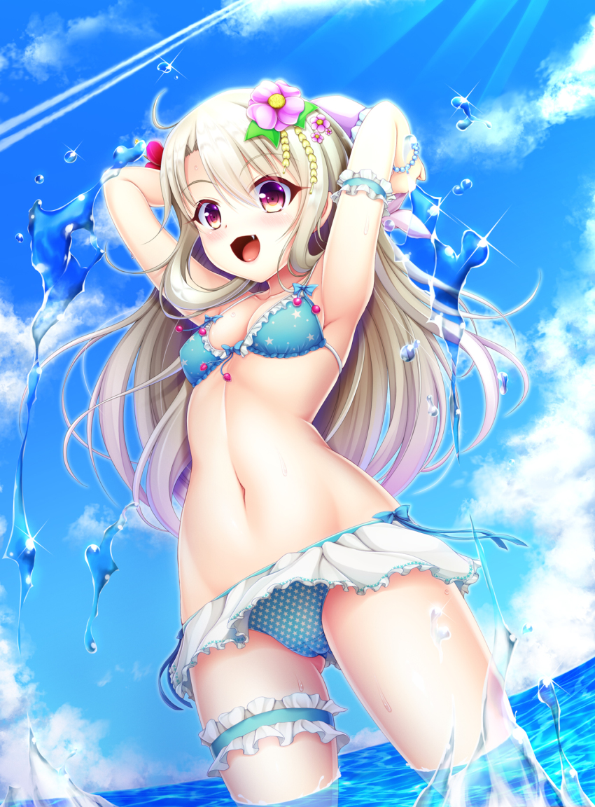1girl, :d, ahoge, arm_garter, armpits, arms_up, bikini, bikini_skirt, blonde_hair, blue_bikini, blue_sky, bracelet, breasts, cameltoe, cleavage, cloud, collarbone, contrail, covered_erect_nipples, cowboy_shot, day, dutch_angle, eyelashes, fang, fate/kaleid_liner_prisma_illya, fate_(series), female_focus, flower, frilled_thigh_strap, gluteal_fold, gradient_hair, hair_between_eyes, hair_flower, hair_ornament, highres, hiro_(725611), holding, illyasviel_von_einzbern, jewelry, light_rays, long_hair, looking_at_viewer, multicolored_eyes, multicolored_hair, navel, ocean, open_mouth, outdoors, pearl_bracelet, pink_hair, print_bikini, purple_eyes, red_eyes, sky, small_breasts, smile, solo, sparkle, splashing, star_(symbol), star_print, star_print_bikini, stomach, summer, sunlight, swimsuit, thigh_strap, very_long_hair, wading, water, water_drop