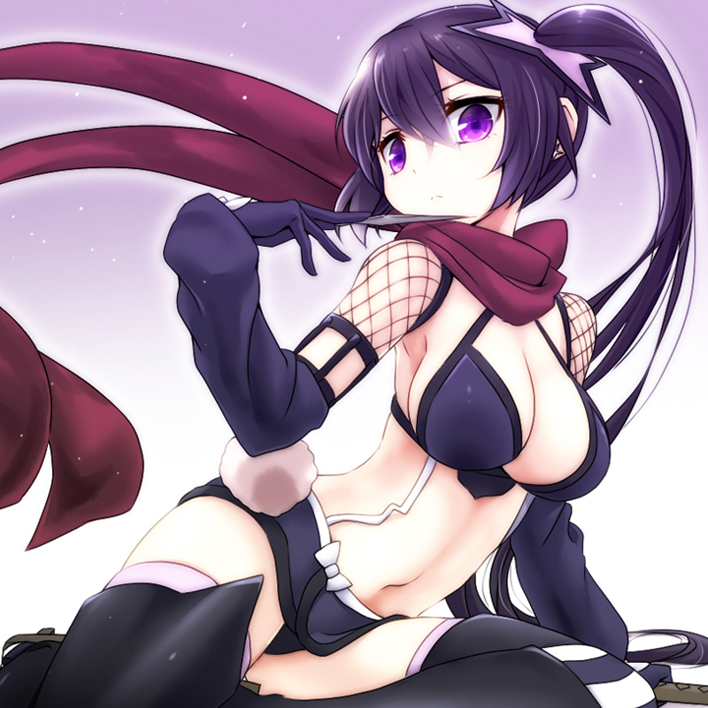 10s, 1girl, arm_support, armpits, black_gloves, black_hair, black_panties, black_thighhighs