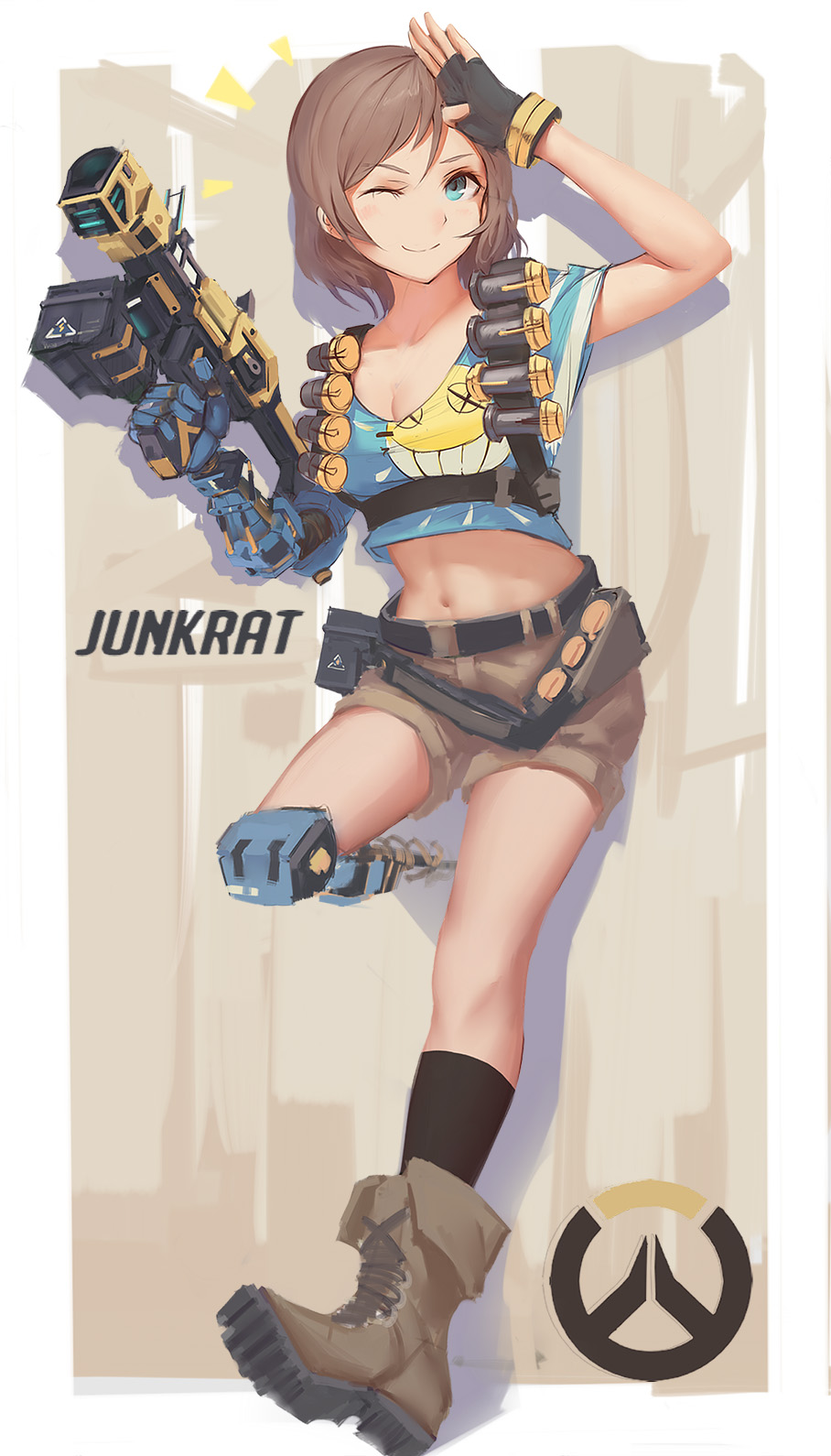 1girl, ;), amputee, belt, belt_pouch, black_gloves, black_socks, blue_eyes