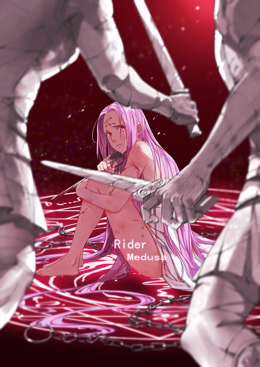 10s, 1girl, bare_arms, bare_legs, barefoot, blood, bloody_weapon, blurry, chain, character_name, closed_mouth, crack, crying, crying_with_eyes_open, cuts, depth_of_field, facial_mark, fate/extra, fate/grand_order, fate/stay_night, fate_(series), female_focus, forehead_mark, gradient_background, highres, holding, holding_sword, holding_weapon, hugging_own_legs, injury, jun_ling, light_particles, long_hair, looking_at_viewer, magic_circle, medusa_(fate), medusa_(rider)_(fate), motion_blur, nameless_dagger_(fate), petrification, purple_hair, red_background, red_eyes, scratches, sitting, solo, spikes, statue, sword, tears, very_long_hair, weapon
