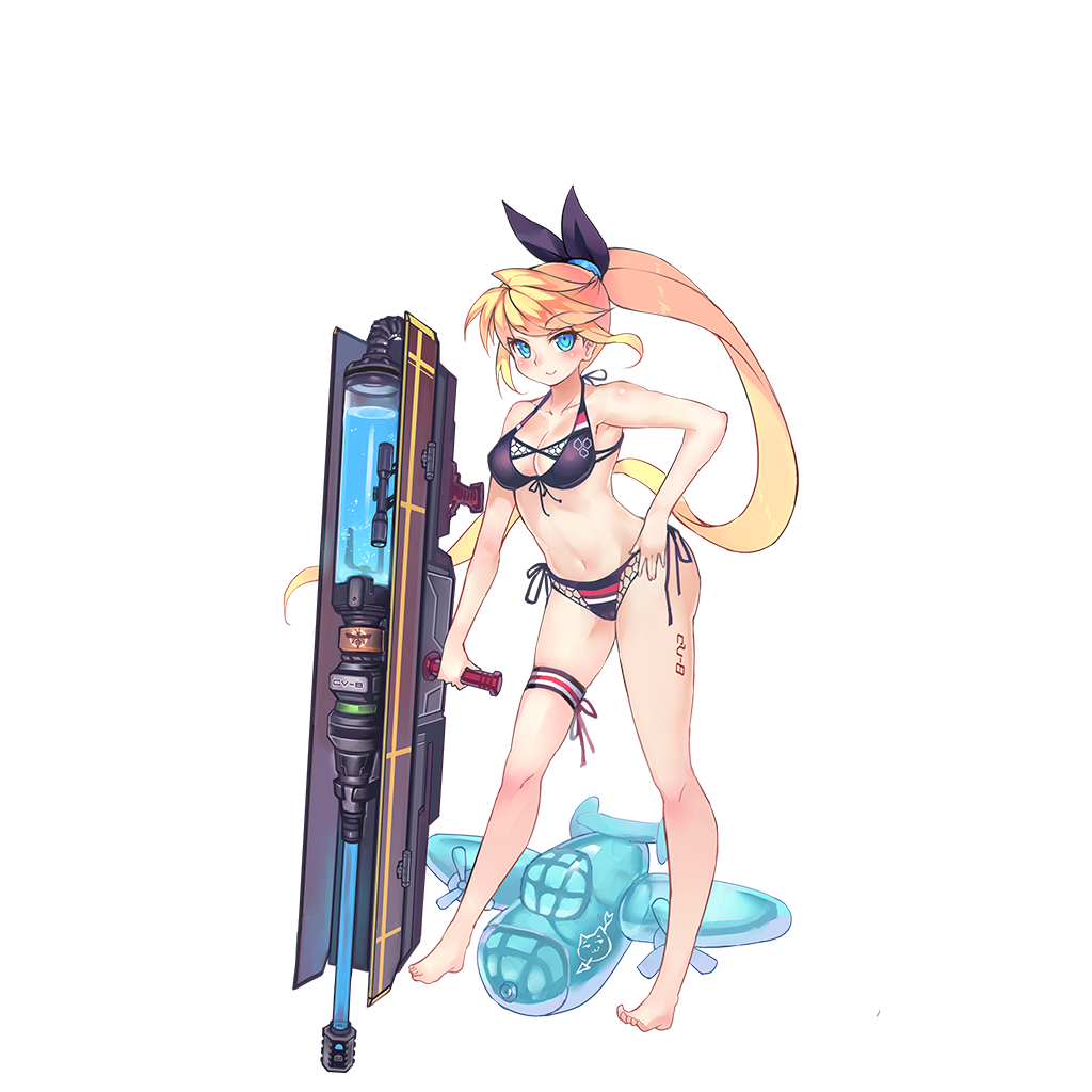 1girl, alternate_costume, armpits, b-25_mitchell, barefoot, bikini, black_bikini, black_ribbon