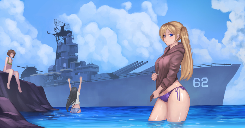 3girls, antenna_hair, arms_up, ass, barefoot, battleship, bikini, black_hair, blue_eyes, blunt_bangs, blush, breasts, brown_hair, cleavage, cloud, cloudy_sky, day, frown, green_bikini, highres, hood, hoodie, military, military_vehicle, multiple_girls, navel, ocean, original, purple_bikini, red_eyes, ship, shirt, short_hair, side-tie_bikini_bottom, side_ponytail, sky, smile, swimsuit, t-shirt, toniwing, unzipping, uss_new_jersey, wading, warship, watercraft, white_shirt