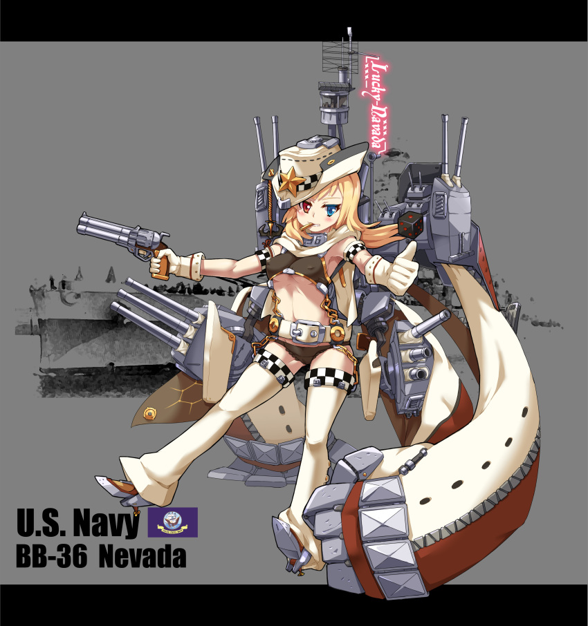 1girl, absurdres, armpits, belt, black_panties, blonde_hair, blue_eyes, blush, breasts, cannon, cape, chain, character_name, covered_erect_nipples, cowboy_hat, dice, female_focus, flag_of_the_united_states_navy, full_body, gloves, grin, gun, handgun, hat, heterochromia, highres, holding, holding_gun, holding_weapon, looking_at_viewer, mechanical_arms, midriff, military, military_vehicle, nevada_(warship_girls_r), official_art, panties, personification, photo_background, propeller, radar, red_eyes, remodel_(warship_girls_r), revolver, rigging, ship, ship_turret, single_mechanical_arm, sirills, smile, solo, star_(symbol), teeth, text_focus, thighhighs, thumbs_up, trigger_discipline, underwear, uss_nevada_(bb-36), vehicle_and_personification, warship, warship_girls_r, watercraft, weapon, white_cape, white_gloves, white_hat, white_thighhighs
