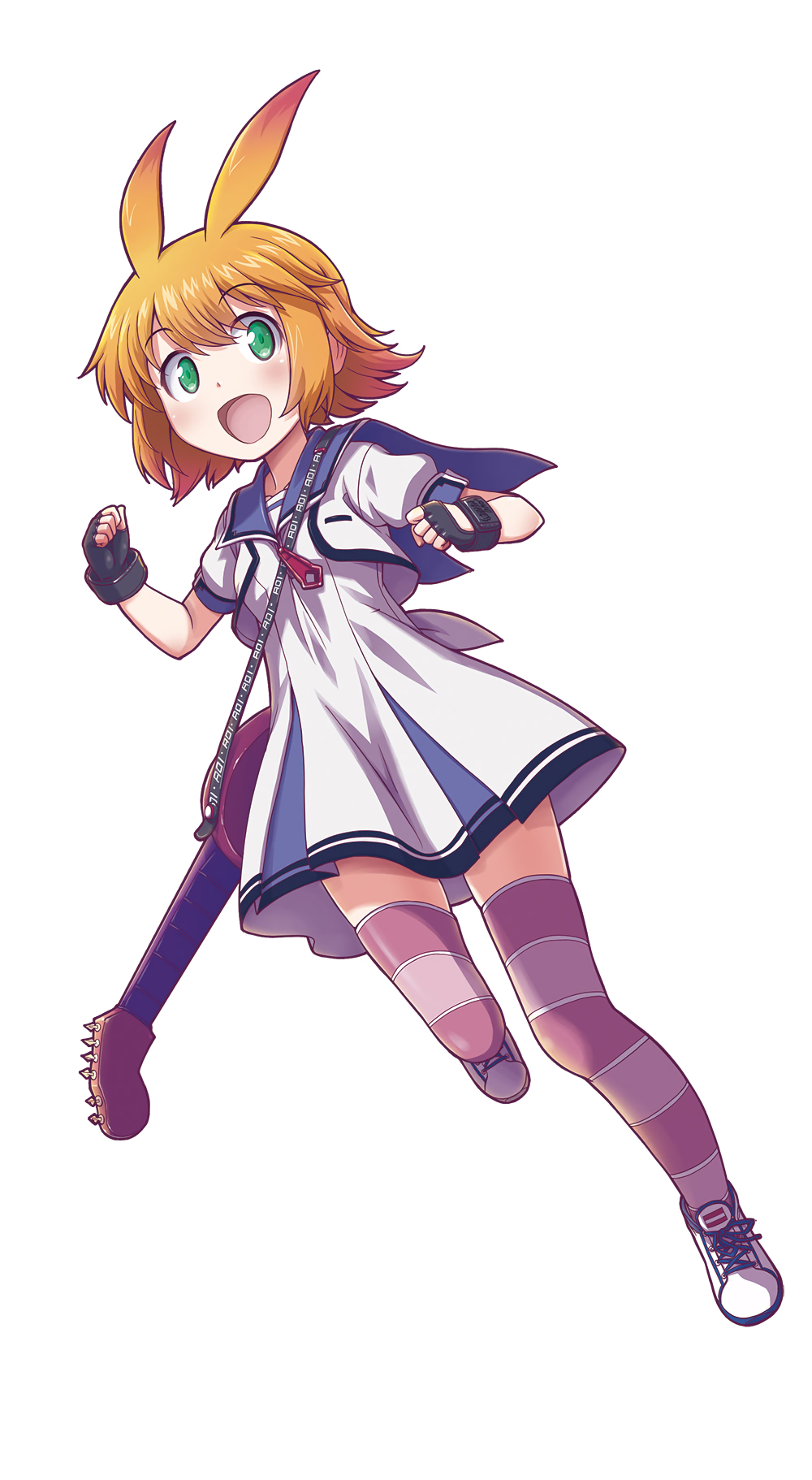 1girl, antenna_hair, blonde_hair, clenched_hands, female_focus, fingerless_gloves, full_body, gal_gun