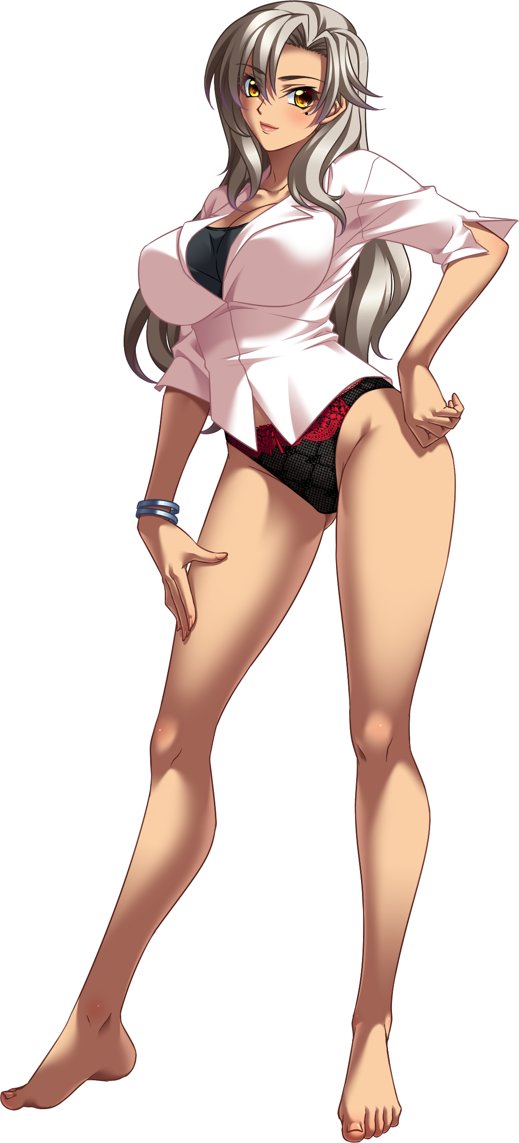 1girl, barefoot, bishop_(company), breasts, dark_skin, dark-skinned_female, female_focus, full_body, game_cg, highres, kagami_hirotaka, large_breasts, long_hair, mesu_kyoushi_3, mizusawa_chisato, panties, silver_hair, smile, solo, underwear, yellow_eyes