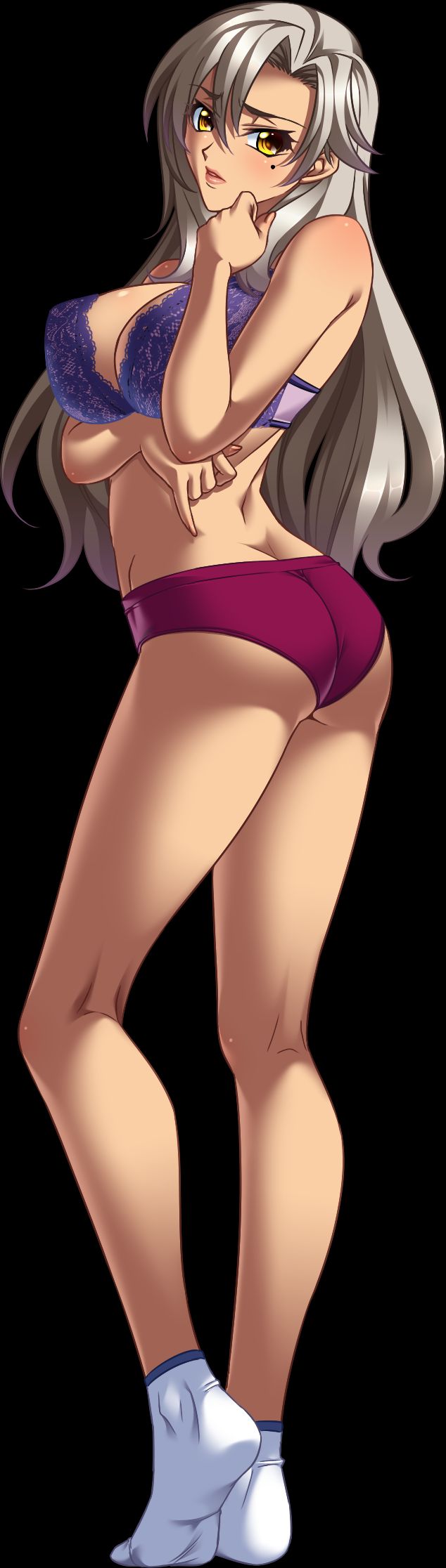 1girl, arm_under_breasts, ass, bishop_(company), black_background, blush, bra, breasts, cleavage, dark-skinned_female, dark_skin, female_focus, from_behind, full_body, game_cg, grey_hair, highres, kagami_hirotaka, large_breasts, long_hair, looking_at_viewer, looking_back, mesu_kyoushi_3, mile, mizusawa_chisato, mole, mole_under_eye, parted_lips, purple_bra, purple_shorts, short_shorts, shorts, socks, solo, standing, tachi-e, teeth, twisted_torso, underwear, white_socks, yellow_eyes