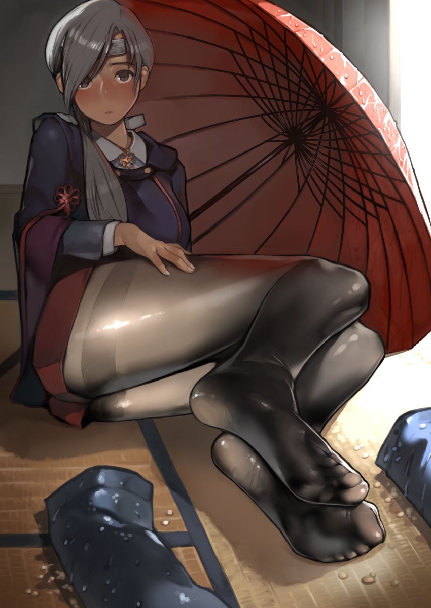 10s, 1girl, absurdres, bad_id, bad_twitter_id, breasts, chitose_(kancolle), chitose_(rainy_season)_(kancolle), feet, female_focus, foot_focus, grey_hair, hand_on_thigh, headband, highres, indoors, kantai_collection, large_breasts, long_hair, looking_at_viewer, no_shoes, pantyhose, ponytail, shoes, skirt, soles, solo, toes, umbrella, unworn_shoes, yomu_(sgt_epper)