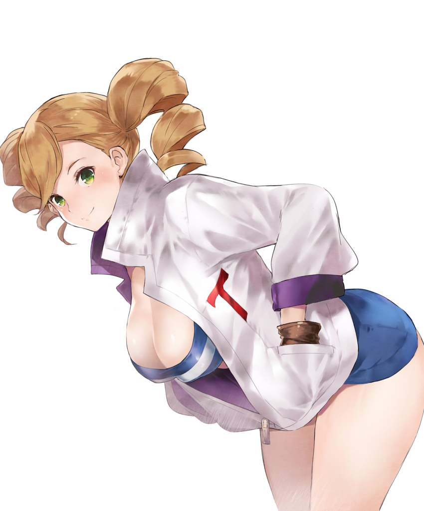 1girl, bent_over, bikini, blue_bikini, blue_shorts, breasts, brown_gloves, brown_hair, cleavage, closed_mouth, clothes_writing, cowboy_shot, drill_hair, echo_turbine, eco_turbine, female_focus, from_side, gloves, green_eyes, gundam, gundam_tekketsu_no_orphans, hand_in_pocket, hanging_breasts, high_collar, highres, jacket, large_breasts, legs_together, long_sleeves, looking_at_viewer, short_shorts, shorts, simple_background, smile, solo, striped, swimsuit, tokopi, twin_drills, twintails, unzipped, white_background, white_jacket, zipper