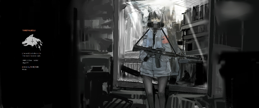 1girl, animal_ears, armband, assault_rifle, black_pantyhose, blue_coat, building, coat