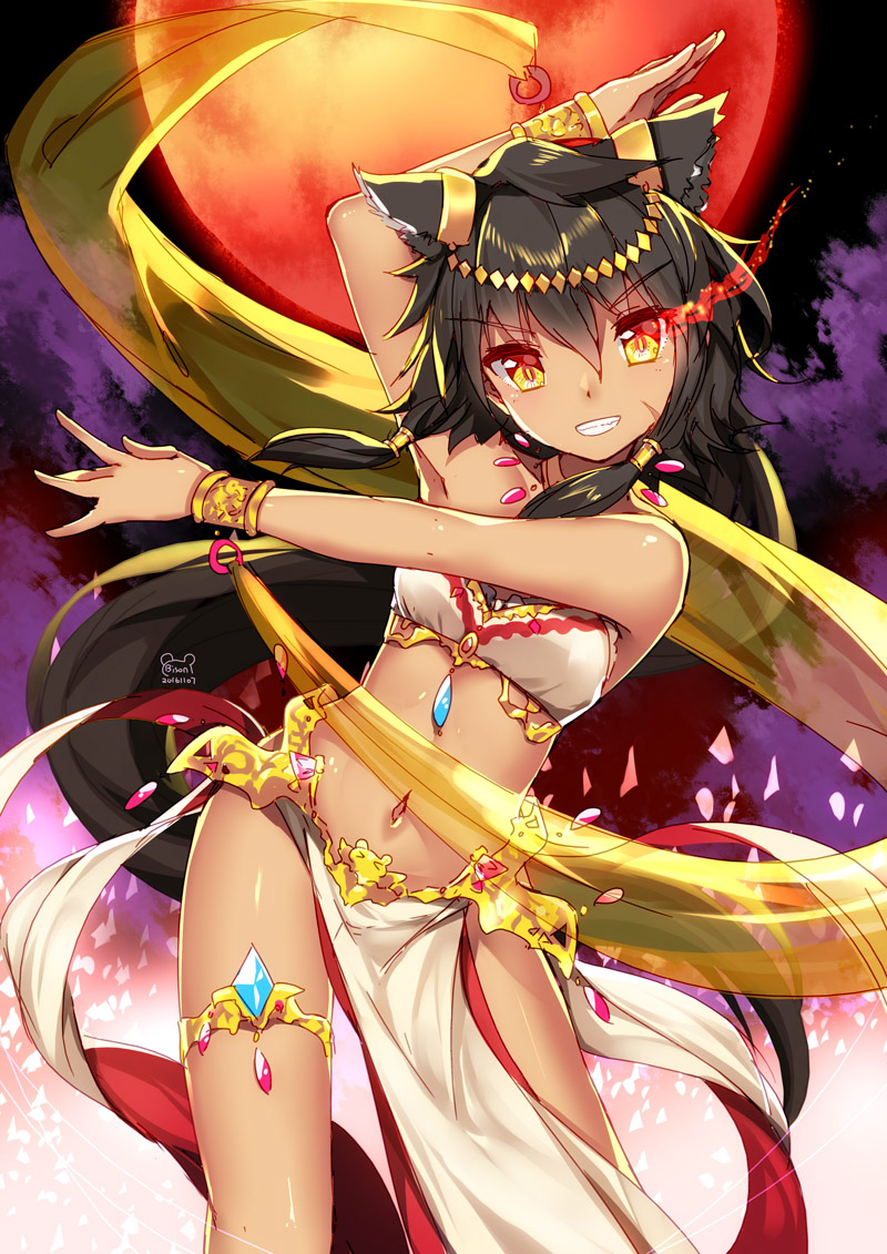 >:d, 1girl, :d, alternate_costume, animal_ears, arm_behind_head, arm_up, armpits, artist_name, bangle, bare_shoulders, bison_cangshu, black_hair, bracelet, breasts, cloud, cowboy_shot, dancer, dancing, dark-skinned_female, dark_skin, facial_scar, female_focus, flaming_eye, gem, gold_trim, grin, hair_between_eyes, jackal_(warship_girls_r), jewelry, long_hair, looking_at_viewer, midriff, moon, navel, necklace, night, open_mouth, orange_eyes, outdoors, pelvic_curtain, sash, scar, scar_on_cheek, scar_on_face, see-through_clothes, sidelocks, sky, small_breasts, smile, solo, tan, teeth, thigh_strap, v-shaped_eyebrows, very_long_hair, warship_girls_r