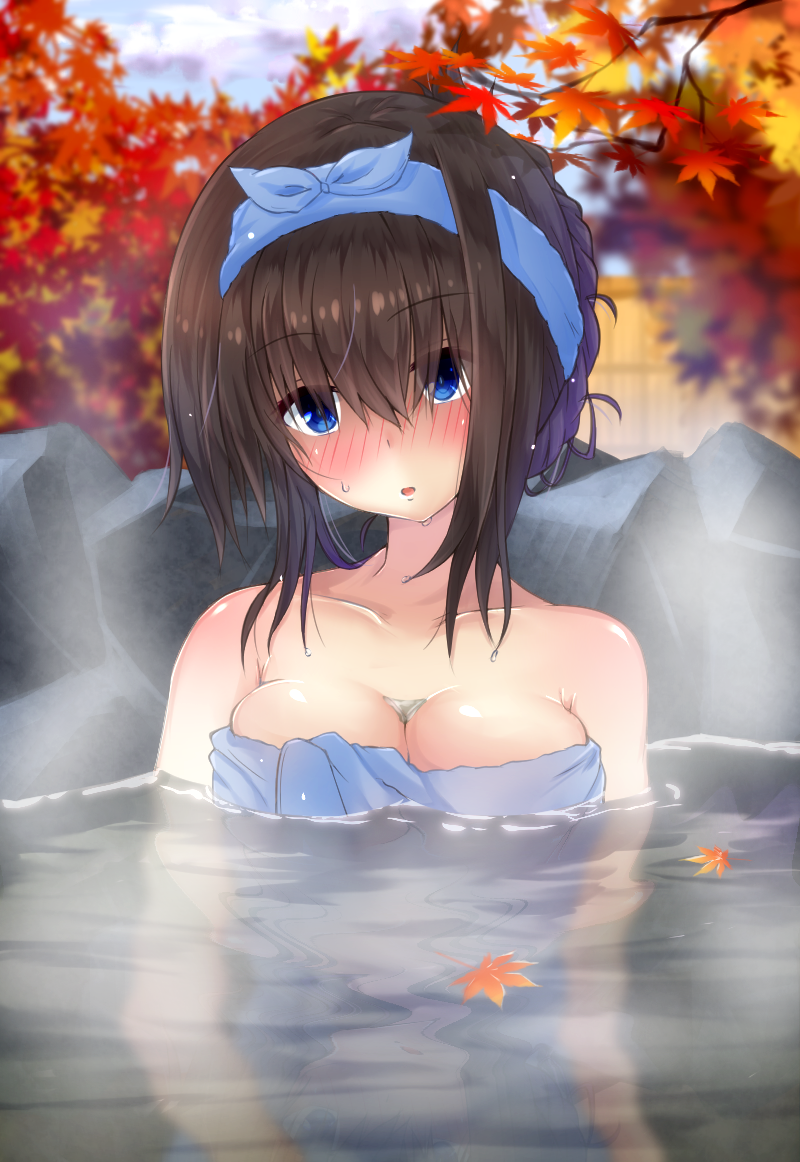 10s, 1girl, autumn_leaves, bare_shoulders, black_hair, blue_eyes, blush, breasts