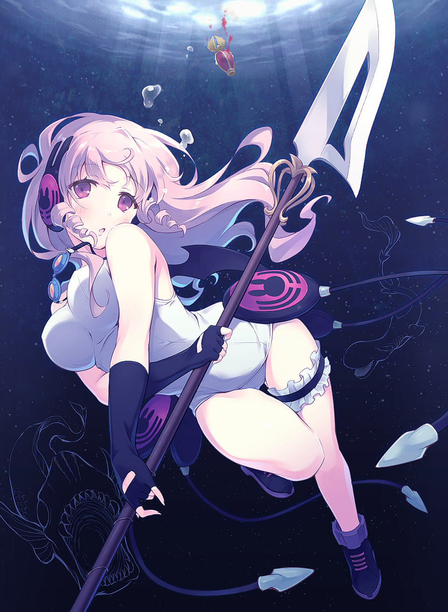 10s, 1girl, anglerfish, animal_print, bubble, commentary_request, drill_hair, female_focus