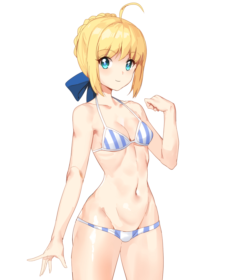 1girl, artoria_pendragon_(fate), bikini, blonde_hair, blue_eyes, blue_ribbon, braid, breasts