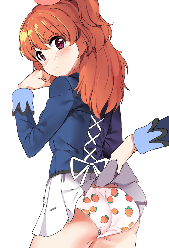 10s, 1girl, aikatsu!, aikatsu!_(series), ass, blush, clothes_lift, cowboy_shot, embarrassed, female_focus, food_print, fruit_print, long_hair, looking_back, orange_hair, ozora_akari, panties, pleated_skirt, print_panties, red_eyes, school_uniform, shovelwall, shovelwell, simple_background, skirt, skirt_lift, solo, solo_focus, strawberry_panties, strawberry_print, underwear, white_panties
