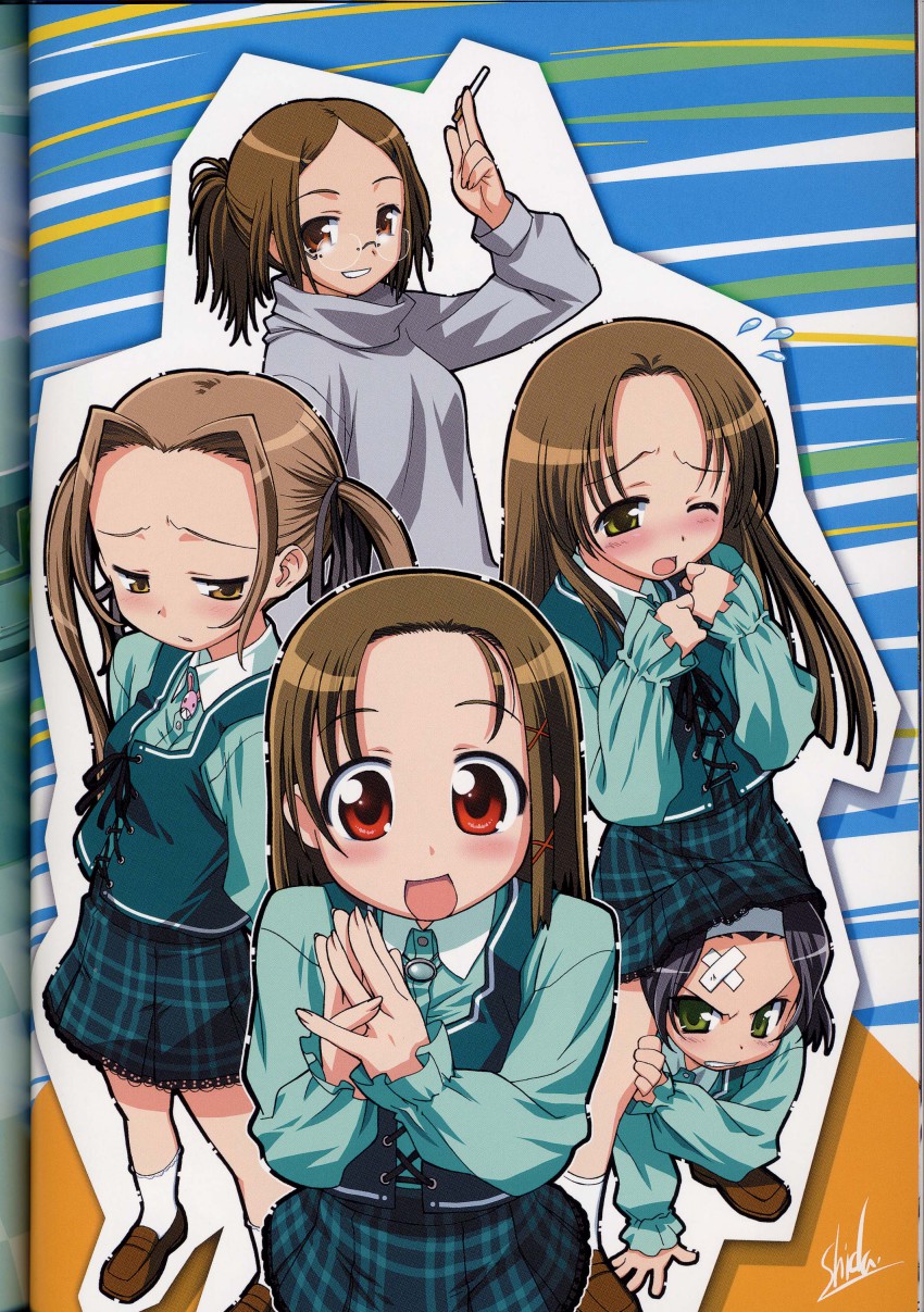 00s, 5girls, :d, :o, ;o, absurdres, angry, arm_support, arm_up, arms_behind_back, bandaid, between_legs, black_hair, blush, bobby_socks, brooch, brown_eyes, brown_hair, buttons, cigarette, clenched_hands, clenched_teeth, clothes_lift, corset, embarrassed, fingernails, flat_chest, flying_sweatdrops, glasses, green_eyes, grin, hair_intakes, hair_ornament, hair_ribbon, hairband, hairclip, highres, holding, hyaku_momichi, jewelry, lace, lace-trimmed_skirt, lace_trim, loafers, long_fingernails, long_hair, looking_at_viewer, looking_back, maple_colors, miniskirt, momochi_momo, multiple_girls, one_eye_closed, open_mouth, orange_eyes, outline, own_hands_together, plaid_clothes, plaid_skirt, pleated_skirt, ponytail, puffy_sleeves, red_eyes, ribbon, sakanakura_hiromi, sakanakura_yumi, sanebara_maki, scan, scan_artifacts, school_uniform, serafuku, shida_kazuhiro, shirt, shoes, short_hair, signature, skirt, skirt_lift, smile, smoking, socks, squatting, squinting, surprised, sweatdrop, sweater, takana_kiyoshi, takano_hijiri, tanaka_kanata, teeth, thigh_grab, turtleneck, twintails, vest, wince, wink