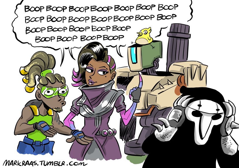 annoyed, bastion_(overwatch), covering_own_ears, dark-skinned_female, dark_skin, english_text, ganymede_(overwatch), goggles, lucio_(overwatch), markraas, mask, overwatch, overwatch_1, reaper_(overwatch), sombra_(overwatch), speech_bubble