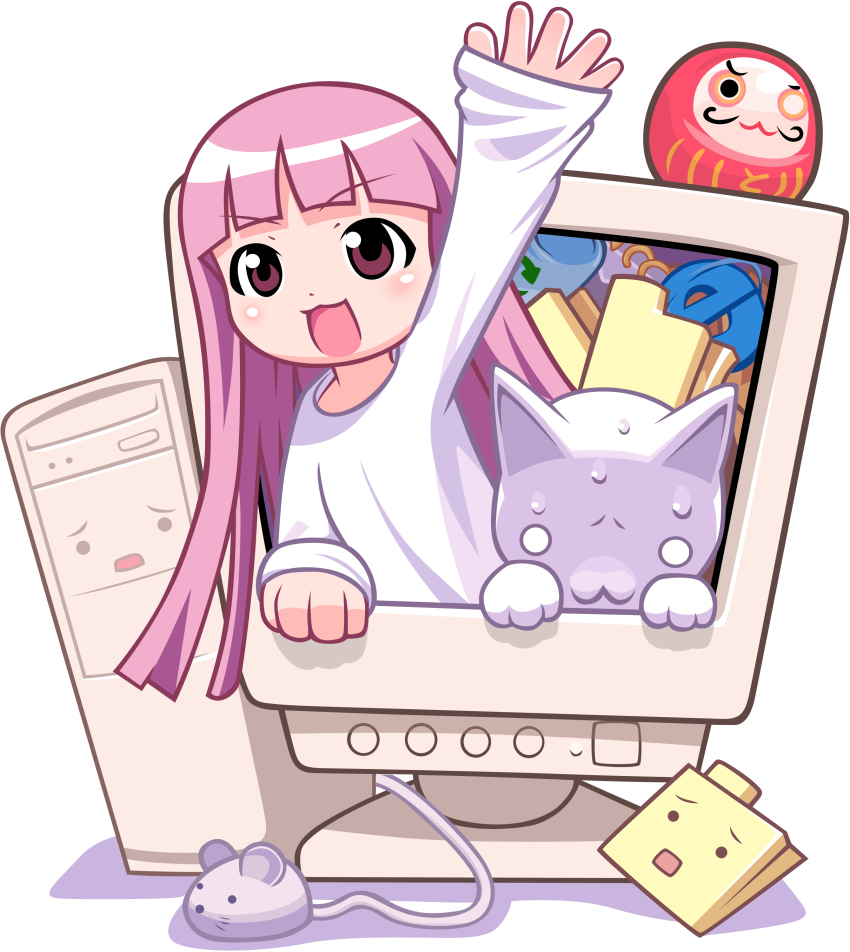 1girl, :3, absurdres, amaesode, animal, blush, brown_eyes, cat, computer, computer_mouse, copyright_request, crt, daruma_doll, derivative_work, doll, folder, highres, internet_explorer, long_hair, long_sleeves, microsoft, monitor, mouse_(animal), open_mouth, personification, photoshop_(medium), pink_eyes, pink_hair, recycle_bin, shirt, sleeves_past_wrists, smile, sweat, through_medium, through_screen, toromi_(toromix2), trash_can, vector_trace, waving, white_background, white_shirt