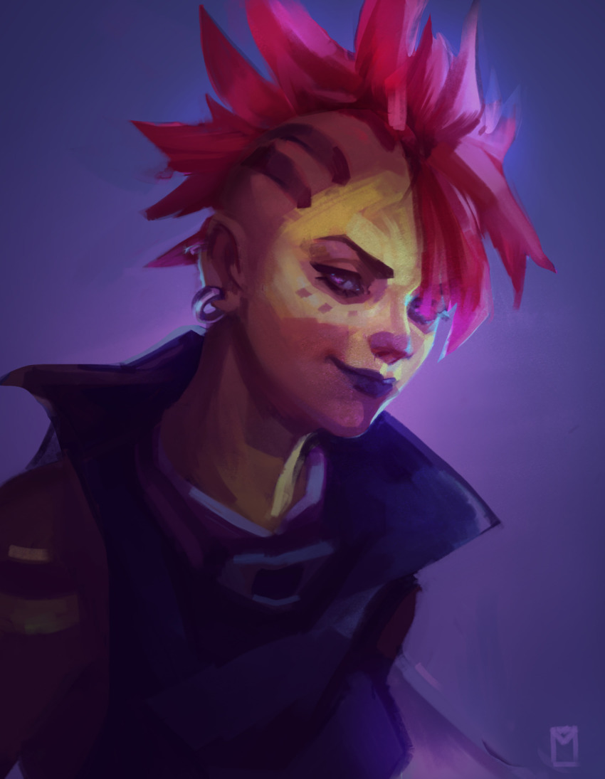 1girl, alternate_costume, alternate_hairstyle, dark-skinned_female, dark_skin, earrings, facial_tattoo, female_focus, highres, jewelry, looking_at_viewer, los_muertos_sombra, marie_magny, mohawk, overwatch, overwatch_1, pink_hair, sky, skyzocat, smile, solo, sombra_(overwatch), tattoo, upper_body