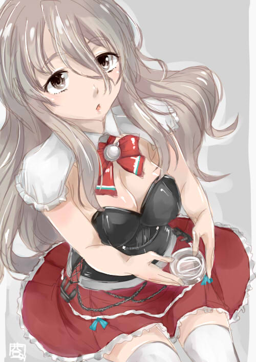 10s, 1girl, anchor, black_corset, breasts, brown_eyes, chestnut_mouth, cleavage