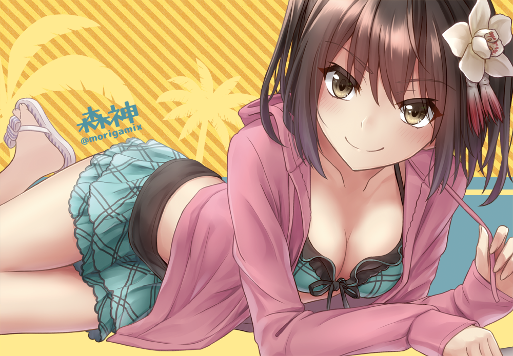 >:), 10s, 1girl, alternate_costume, bikini, bikini_skirt, bikini_top_only, blush