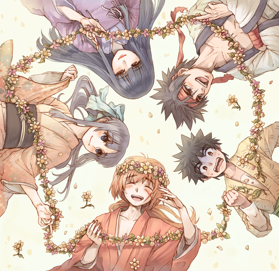 2girls, 3boys, black_hair, closed_eyes, crossed_arms, flower, hair_ribbon, headband