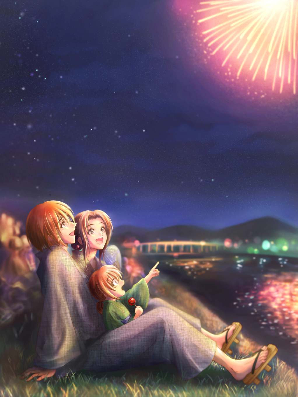 1girl, 2boys, :d, aerial_fireworks, arm_support, black_hair, blurry, bokeh