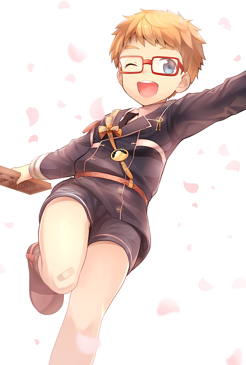 10s, 1boy, ;d, abacus, bandaid, bandaid_on_knee, bandaid_on_leg, blonde_hair, blue_eyes, cocolo_(co_co_lo), glasses, hakata_toushirou, male_focus, military, military_uniform, necktie, one_eye_closed, open_mouth, petals, red-framed_eyewear, running, shorts, smile, solo, touken_ranbu