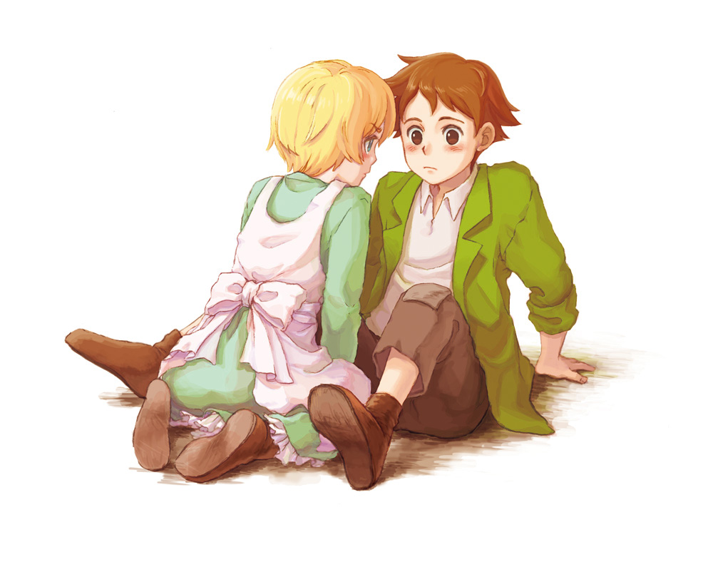 1boy, 1girl, apron, bianca_martini, blonde_hair, blue_eyes, brown_eyes, brown_hair, eye_contact, kii_wami, looking_at_another, romeo_(romeo_no_aoi_sora), romeo_no_aoi_sora, short_hair