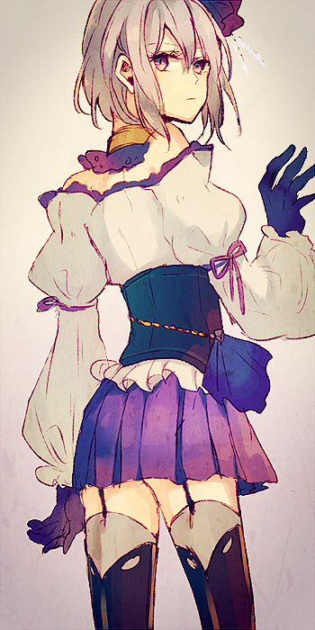 10s, 1boy, black_gloves, crossdressing, crossdressing_(mtf), garter_straps, gloves, grey_thighhighs