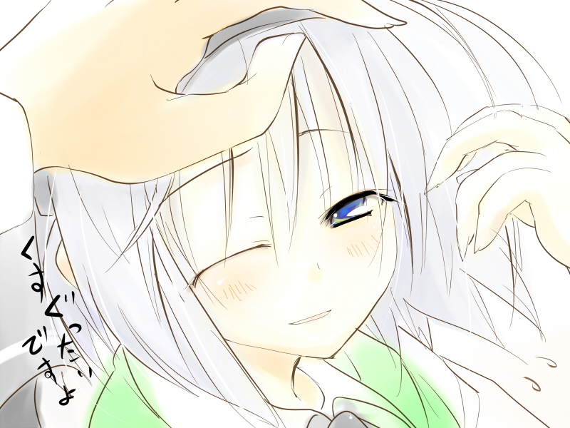 1girl, blue_eyes, blush, close-up, delusion_overdose, female_focus, hairband, hand_on_another's_head