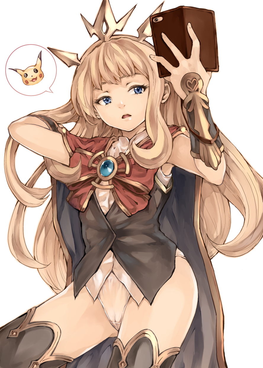 10s, 1girl, adapted_costume, alternate_eye_color, arm_behind_head, black_thighhighs, black_vest, blonde_hair, blue_eyes, blunt_bangs, book, bow, bracer, cagliostro_(granblue_fantasy), cameltoe, cape, cellphone, cowboy_shot, d:, eyelashes, female_focus, fingernails, gen_1_pokemon, granblue_fantasy, hand_in_own_hair, highleg, highleg_panties, highres, holding, holding_phone, long_hair, looking_away, looking_to_the_side, nintendo, open_book, open_mouth, panties, phone, pikachu, pokemon, pokemon_(creature), pokemon_go, raid_slash, red_bow, shirt, simple_background, sleeveless, sleeveless_shirt, smartphone, smartphone_case, solo, speech_bubble, spoken_pokemon, thighhighs, underwear, vest, white_background, white_panties, white_shirt