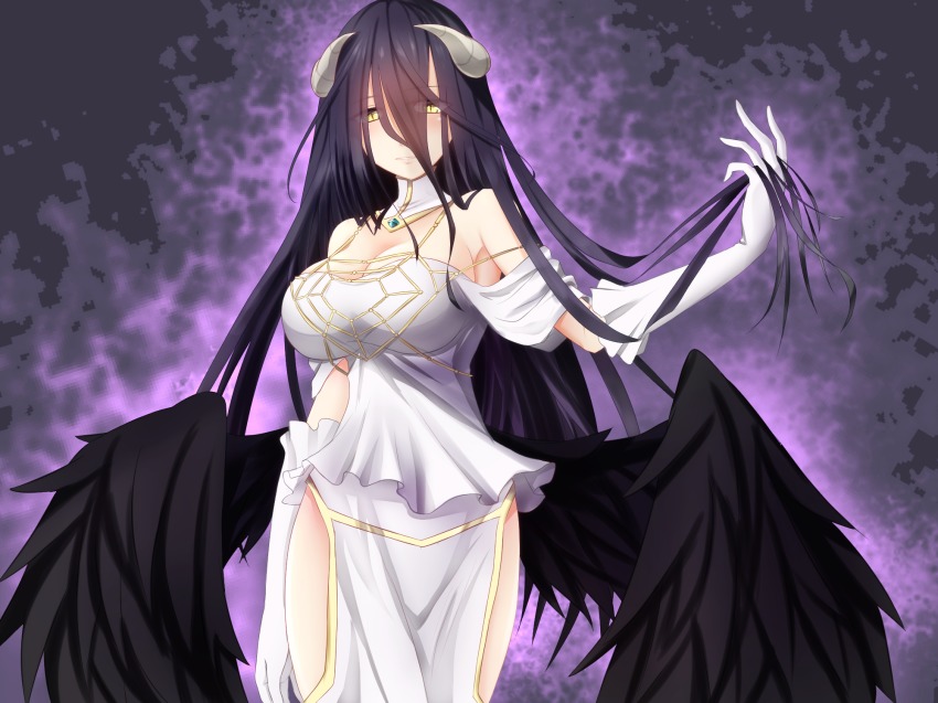 1girl, ahoge, albedo_(overlord), armpits, bare_shoulders, black_hair, black_wings, breasts, cleavage, clothing_cutout, cowboy_shot, demon_girl, demon_horns, detached_collar, dress, eeryuu_(2004107), eyes_visible_through_hair, feathered_wings, female_focus, gloves, highres, hip_vent, horns, large_breasts, long_hair, looking_at_viewer, low_wings, overlord_(maruyama), parted_lips, sideboob, smile, solo, strapless, strapless_dress, very_long_hair, white_dress, white_gloves, wings, yellow_eyes