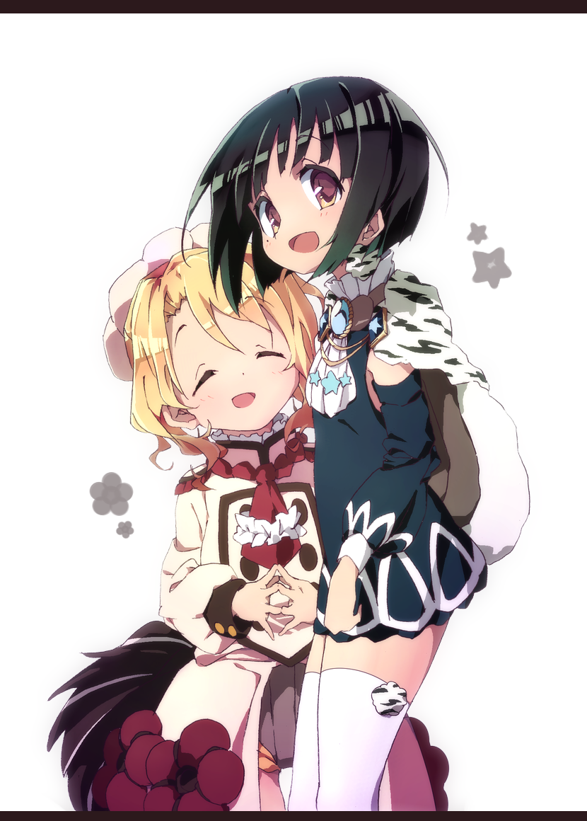 10s, 1girl, armpits, black_hair, blonde_hair, boro_(tn-boro), cape, female_focus, fur_cape, hat, lapis_lazuline, mahou_shoujo_ikusei_keikaku, mahou_shoujo_ikusei_keikaku_restart, mole, mole_under_eye, open_mouth, pechika_(mahoiku), short_hair, solo, tail, white_legwear