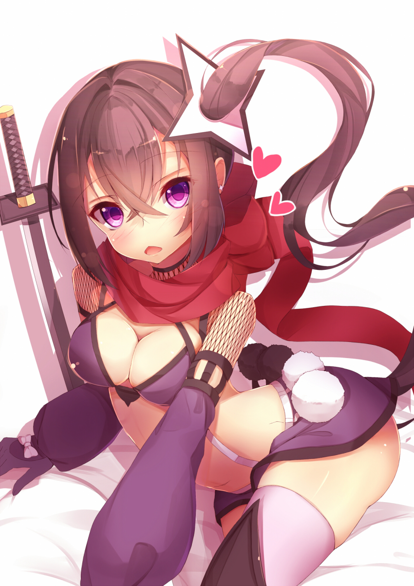 10s, 1girl, black_gloves, black_hair, blush, breasts, cleavage, detached_sleeves