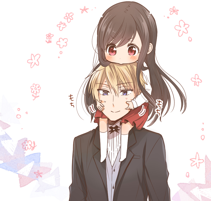 1boy, 1girl, akira_(orenchi_no_maidosan), ami_(orenchi_no_maidosan), blonde_hair, blue_eyes, blush, brown_hair