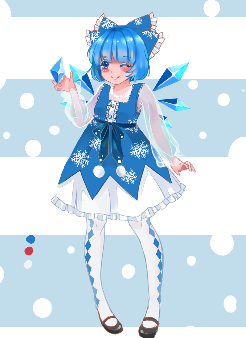 1girl, ;p, blue_dress, blue_eyes, blue_hair, blush, bow, cirno
